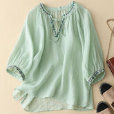 Women's Solid Embroidered V-Neck Tie-Up 3/4 Sleeves Casual Linen Top